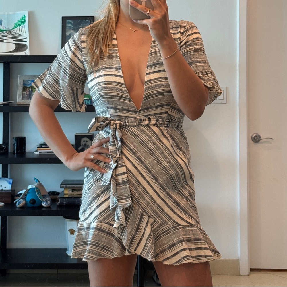 MAJORELLE Cream and Black Asymmetrical Wrap Sundress